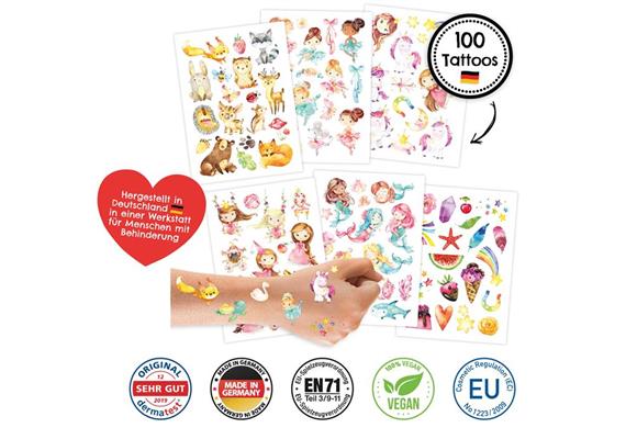 100 Kindertattoos zum Aufkleben – Einhorn, Meerjungfrau, Prinzessin