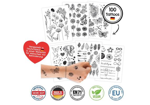 100 Kindertattoos zum Aufkleben – Schwarz/Weiss