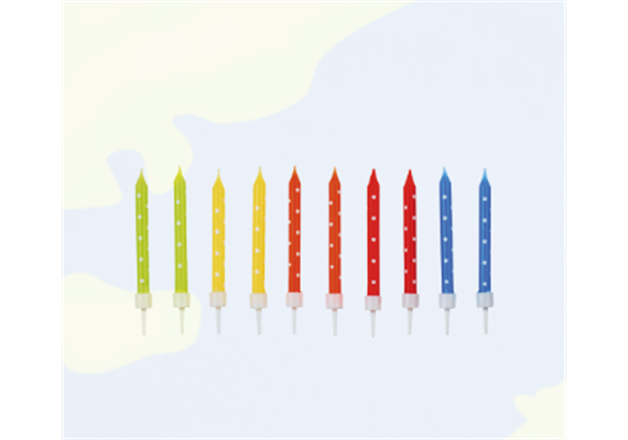 Amscan-Tortenkerzli bunt mit weissen Punkten H 6 cm mit Halterungen