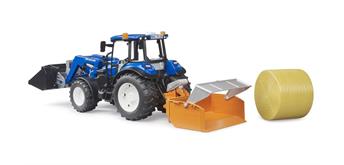 Bruder 02187 New Holland T5.120 mit FL, Ladekasten, Gabeln + 1 Rundballen