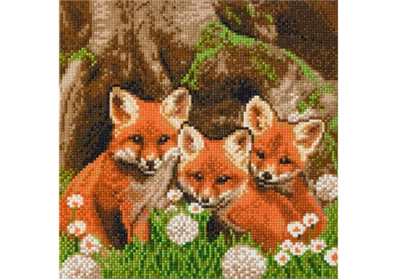 Crystal Art Kit "Fox Cubs" 30 x 30 cm, mit Rahmen