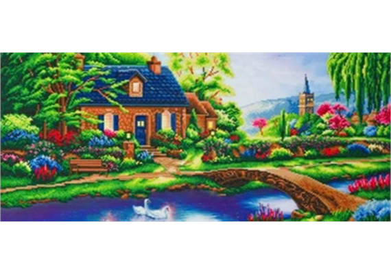 Crystal Art Kit "Stoney Creek Cottage" Thomas Kinkade, 40 x 90 cm, mit Rahmen