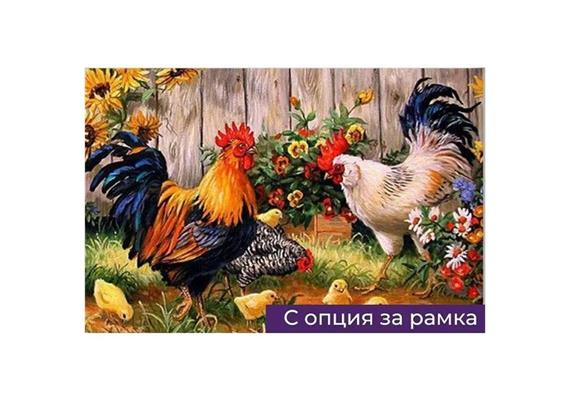 Diamond Painting Rooster, Hen and Chicks 30 x 40 cm, runde Steine