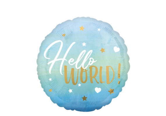 Folienballon Hello World Pastell Blau mit Gold Ø 38 cm