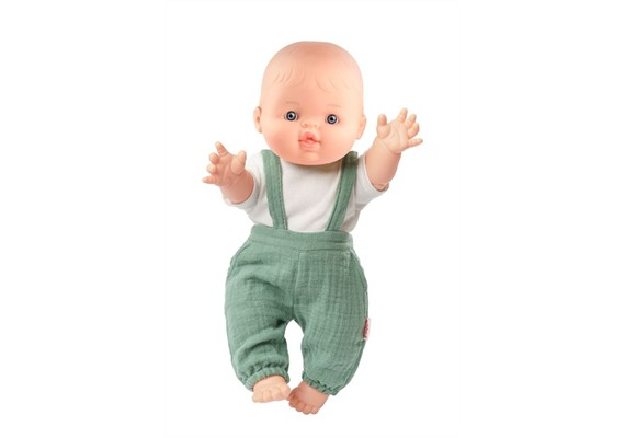 Heless 54021 Set: Gordi Puppe mit Bio-Latzhose, salbeigrün, Junge, 34 cm