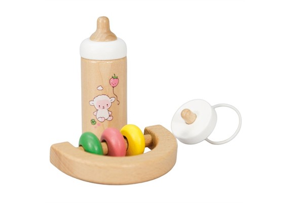 Heless 685 Puppen-Babyset "Schäfchen" aus Holz mit Fläschchen, Schnuller und Rassel, 3-tlg
