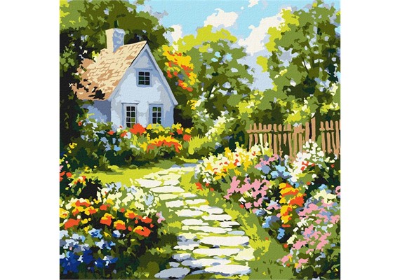 Ideyka KHO6383 Malen nach Zahlen - Blumen bei der Hütte 40 x 40 cm