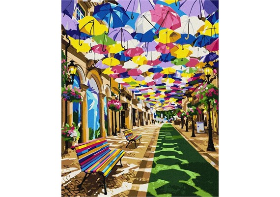 Ideyka KHO6462 Malen nach Zahlen Strasse der bunten Regenschirme 40 x 50 cm