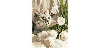 Ideyka KHO6891 Malen nach Zahlen Grünäugige Katze mit Tulpen 30 x 40 cm