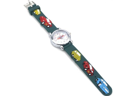 Kinderuhr mit Quartzwerk - Grün mit Auto Motiv