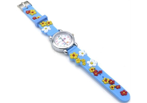 Kinderuhr mit Quartzwerk - Hellblau mit Blumen Motiv