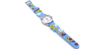 Kinderuhr mit Quartzwerk - Hellblau mit Blumen Motiv