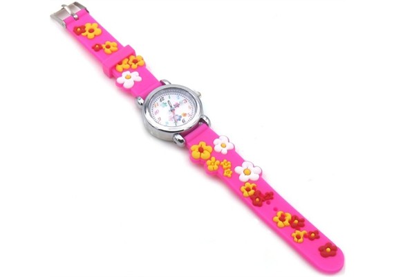 Kinderuhr mit Quartzwerk - Pink mit Blumen Motiv