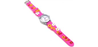 Kinderuhr mit Quartzwerk - Pink mit Blumen Motiv
