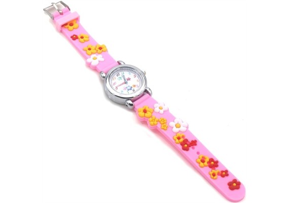 Kinderuhr mit Quartzwerk - Rosa mit Blumen Motiv