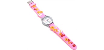 Kinderuhr mit Quartzwerk - Rosa mit Blumen Motiv