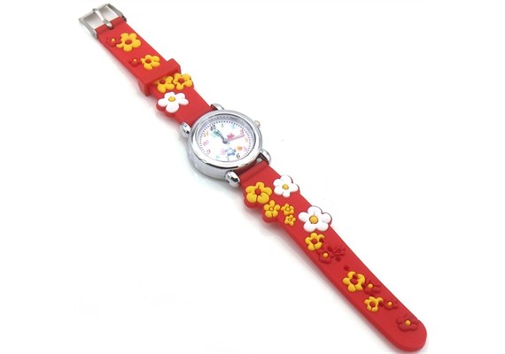 Kinderuhr mit Quartzwerk - Rot mit Blumen Motiv