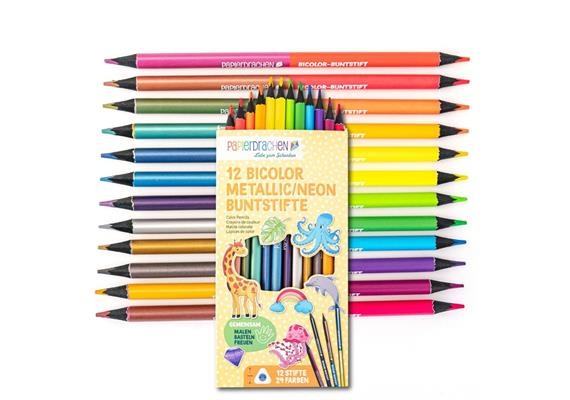 Papierdrachen 12 Bicolor Buntstifte Metallik und Neon