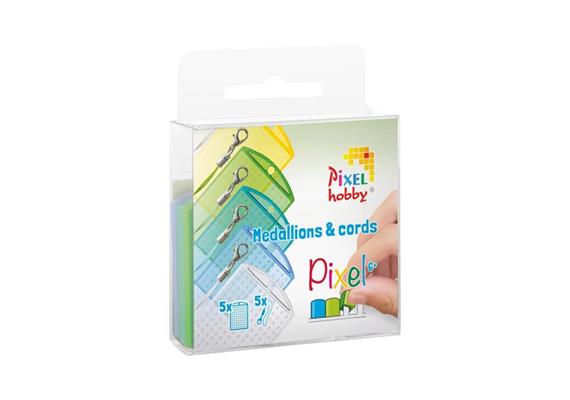 Pixel Set mit 5 Medaillon und Farbkordeln grün - blau mix transparent