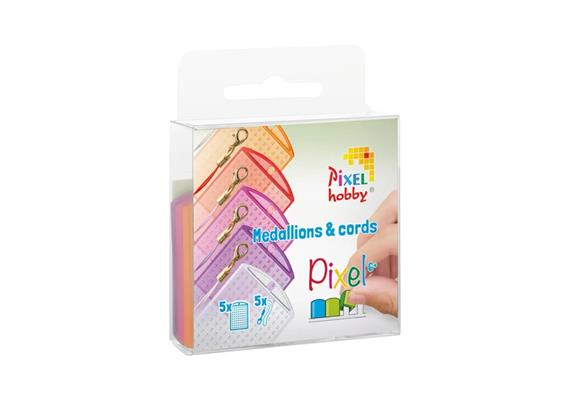 Pixel Set mit 5 Medaillon und Farbkordeln rosa - orange mix transparent