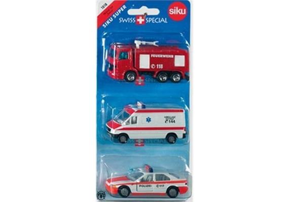 siku Super: 1824 Notruf-Set 'Swiss' - 3er Blister Ambulanz, Feuerwehr, Polizei