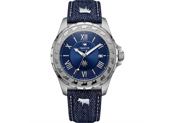 Trauffer TR-AG-03-SL81 Herren-Uhr 3 Zeiger Jeans dunkel Stahl Blau 42mm